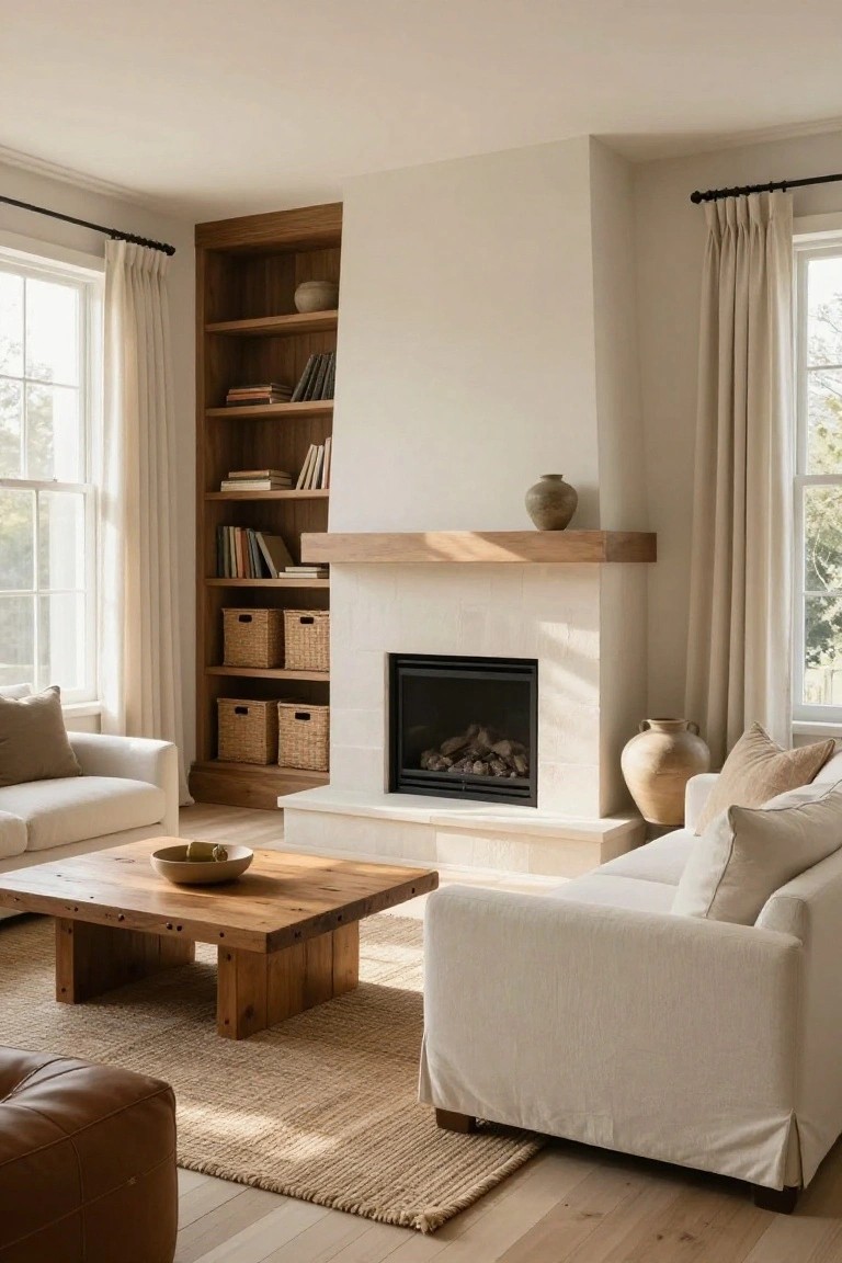 A living room with a fireplace framed by built-in wooden bookshelves holding books, baskets, and ceramics, cream sofas, a wooden coffee table, tan ottoman, seagrass rug, and large windows with sheer curtains.