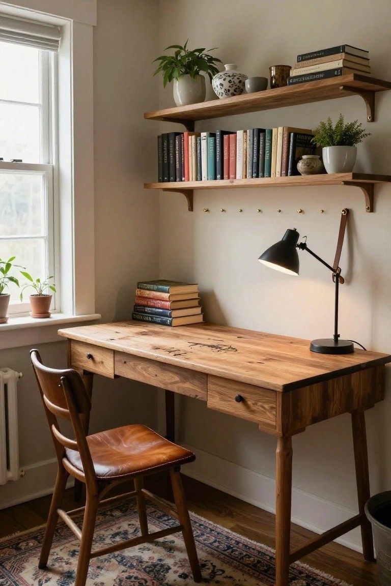 Light corner room with rustic wooden desk and leather chair, floating wood shelves holding books and ceramics, black adjustable desk lamp, potted plants, and window with blinds.