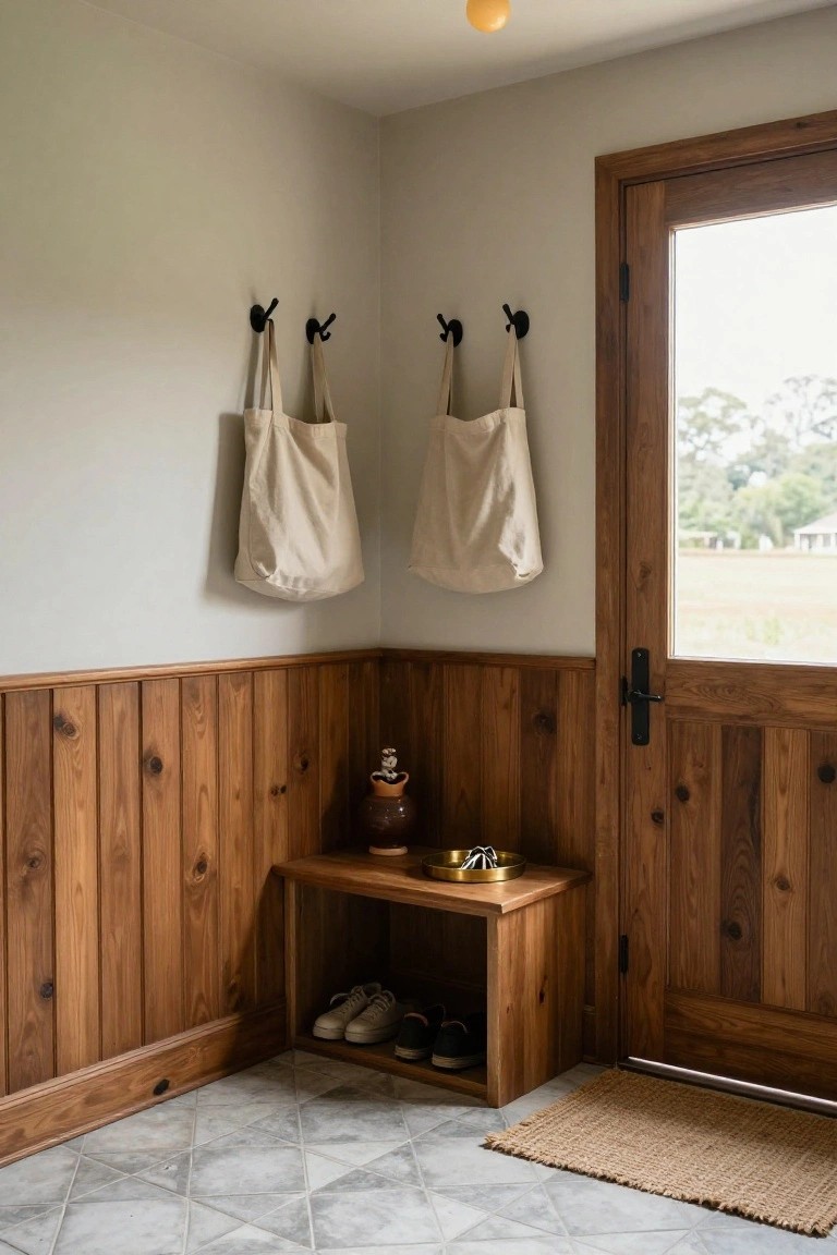 Wood-paneled entryway with canvas totes, bench, and shoes by wooden door.
