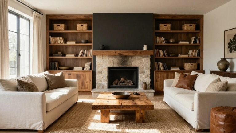 A living room with a fireplace framed by built-in wooden bookshelves holding books, baskets, and ceramics, cream sofas, a wooden coffee table, tan ottoman, seagrass rug, and large windows with sheer curtains.