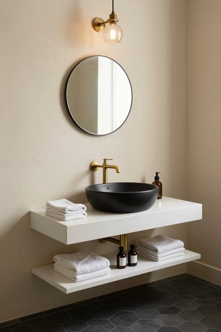 Bathroom with floating white vanity holding black vessel sink, gold wall faucet, stacked white towels on open shelf below, round black-framed mirror, wall sconce, and black hexagonal floor tiles.