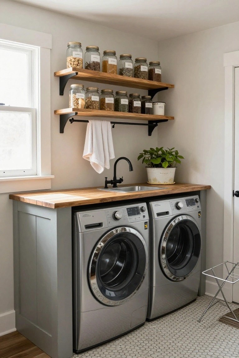 Modern laundry room with gray washer-dryer, wooden counter, and wall shelves.