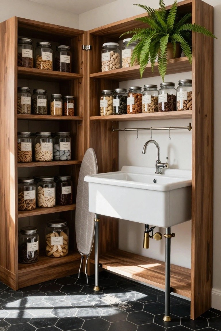 Tall open wooden cabinet with glass jars of dry goods on shelves, white porcelain utility sink on metal stand, folding ironing board, and potted plant, on black hexagonal tile floor.