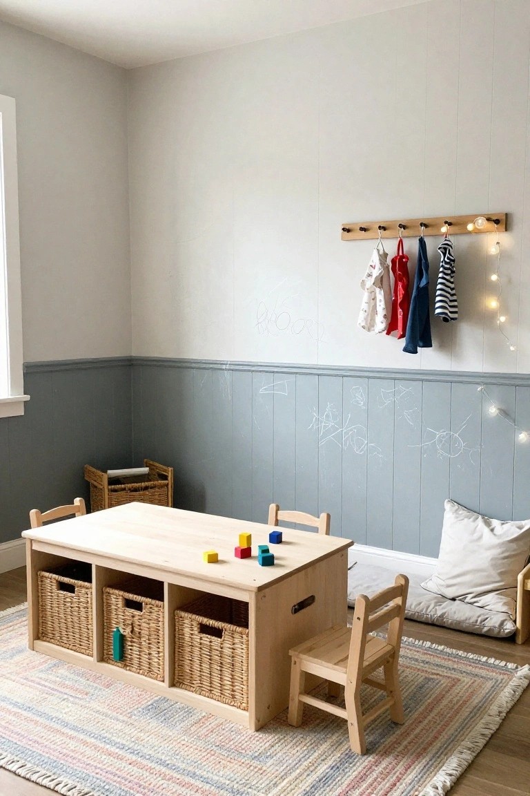 Children's playroom with a low wooden table featuring built-in cubbies holding wicker baskets, small wooden chairs, colorful wooden blocks on the table, blue wainscoted lower walls with chalk drawings, hanging kids' clothes on wooden hooks, and a multicolored woven rug on hardwood floors.