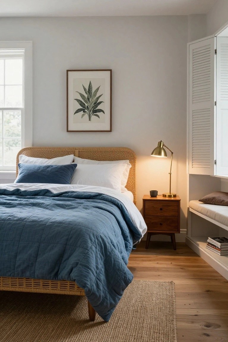 A bedroom interior with a rattan bed frame topped by a navy blue quilted duvet, white pillows, a wooden nightstand holding a brass lamp and mug, neutral gray walls, and louvered shutters.