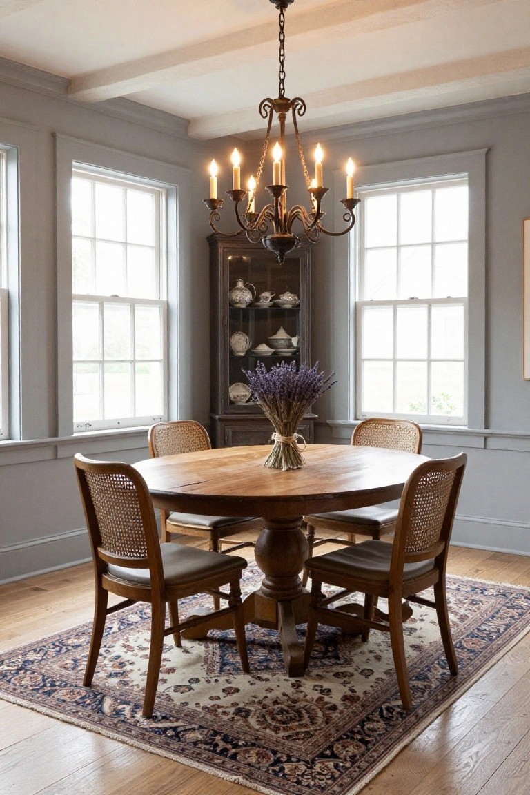 Corner dining room with round wooden table, four rattan chairs with cushions, pedestal base, lavender bouquet centerpiece, corner wooden cabinet with china, brass chandelier, large white-framed windows, gray walls, hardwood floors, and patterned rug.
