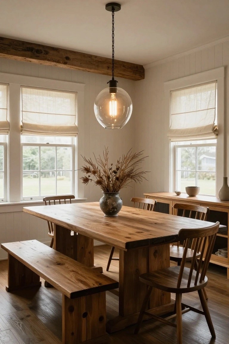 A dining room with a large rectangular wooden table, benches on one side and wooden chairs on the other, a globe pendant light overhead, white shiplap walls, and windows with linen shades overlooking a yard.