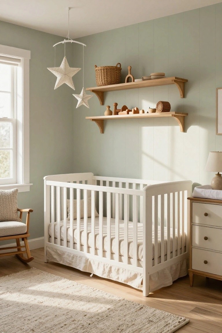 Serene nursery with white crib, wooden shelves, star mobile, and sage green walls.