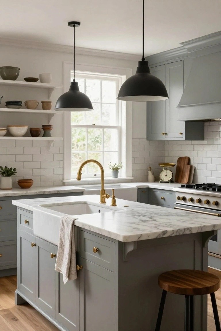 Light gray shaker-style cabinets in a kitchen with white marble countertops, a white farmhouse sink, brass faucet, white subway tile backsplash, black pendant lights, and wood stools.