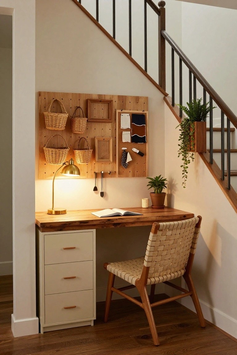 Wooden desk with woven chair under a staircase, pegboard wall with hanging baskets and frames, brass lamp, small plants, and nearby stairs with black railing.