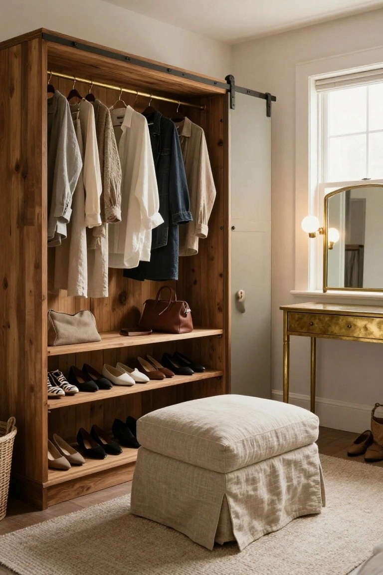 Tall wooden wardrobe with open sliding door showing brass hanging rod with assorted clothes, lower shelves holding shoes and bags, cushioned footstool in front, and adjacent gold vanity table with mirror.