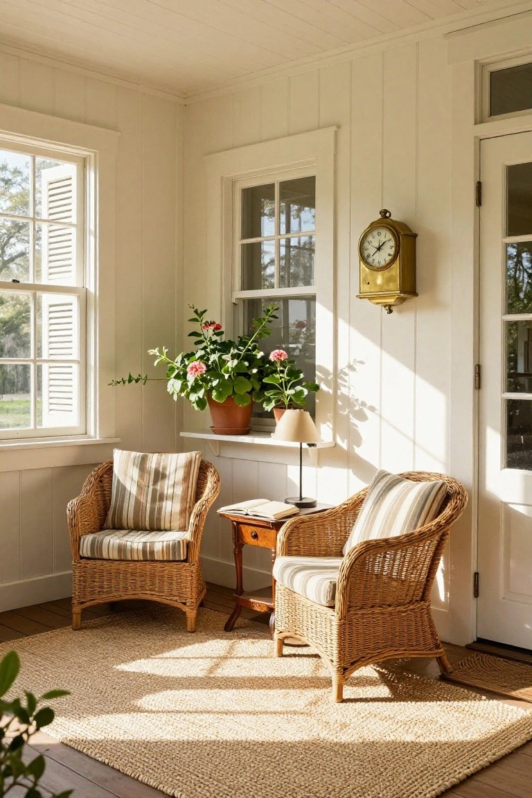 Sunlit white-paneled room with two wicker armchairs featuring striped cushions facing each other across a small wooden table with a lamp and book, potted plants on a wall shelf, large windows with shutters, a brass wall clock, and a seagrass rug on wood floors.