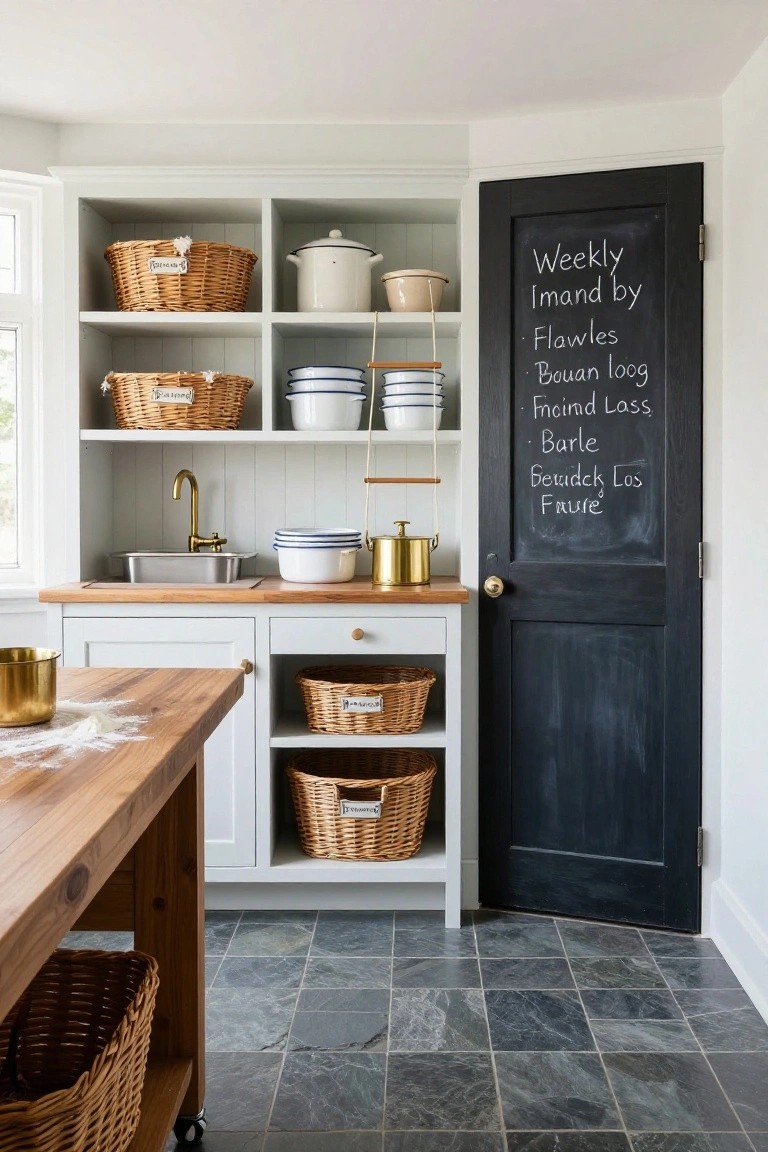 White kitchen with open shelving and lower cabinets holding labeled wicker baskets, wooden island with flour dusting, brass sink faucet, and black chalkboard door listing weekly shopping items.