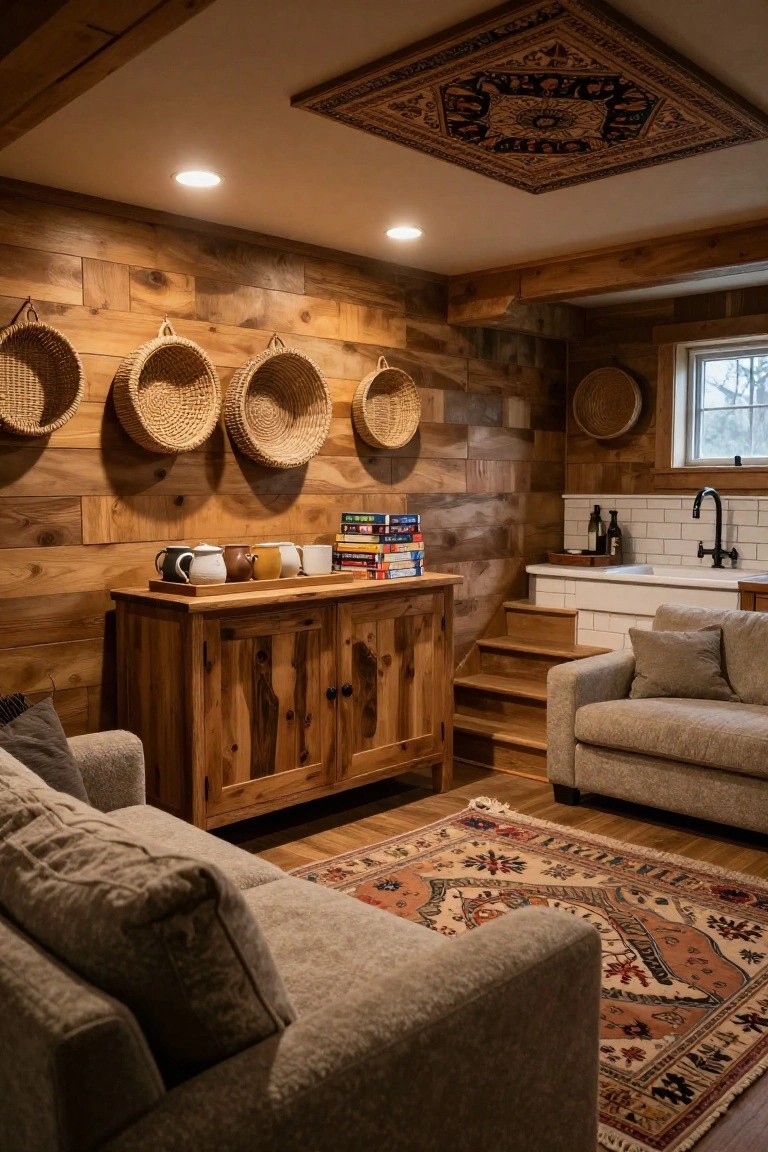 Cozy interior room with horizontal wood-plank walls, hanging woven baskets, wooden credenza displaying teapots and books, beige sofas on an oriental rug, small white sink area, and short wooden stairs.