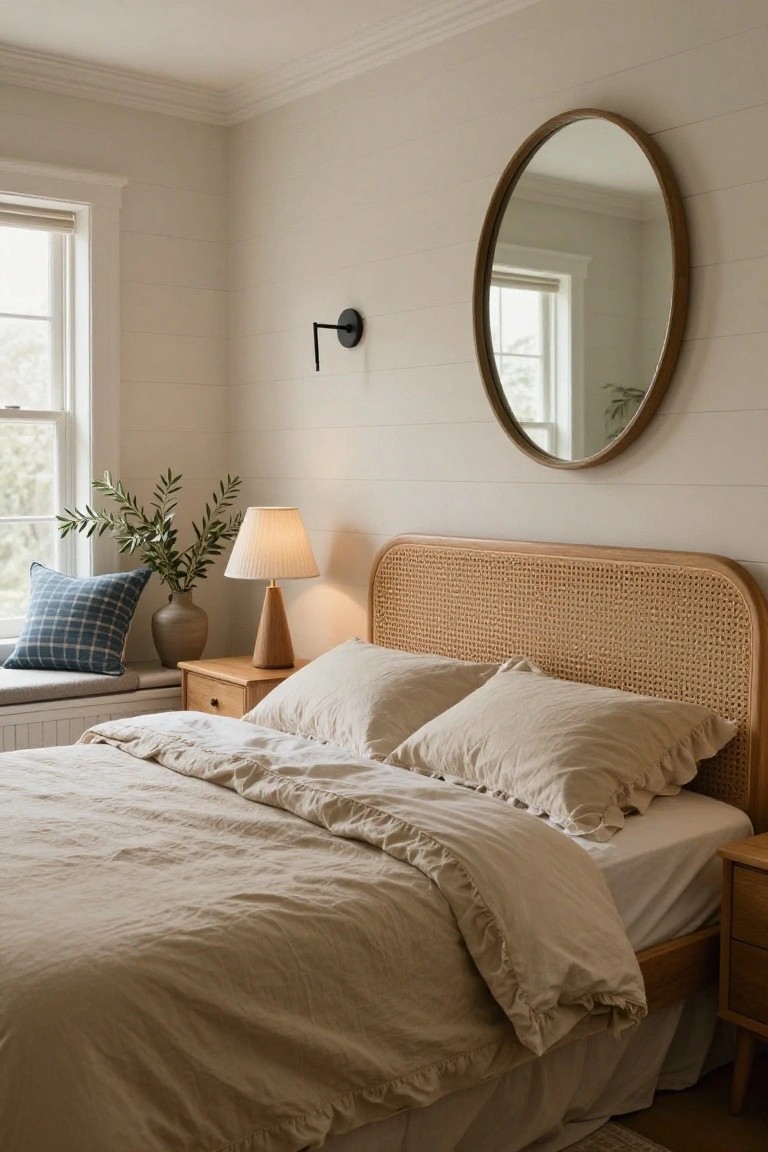 Bedroom with a bed featuring a light wood cane headboard, beige ruffled duvet and pillows, wooden bedside table with lamp and olive branches in vase, oval wood mirror on white shiplap wall, window seat with blue plaid pillow, and wooden nightstand.