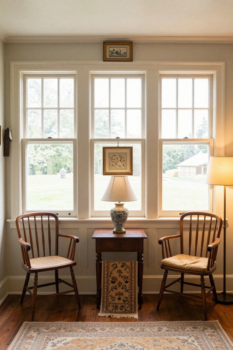 Light-filled interior room with three tall multipaned windows overlooking trees and lawn, two wooden armchairs with rush seats flanking a wooden console table topped with blue vase and lamp, floor lamp nearby, patterned rug on hardwood floor.