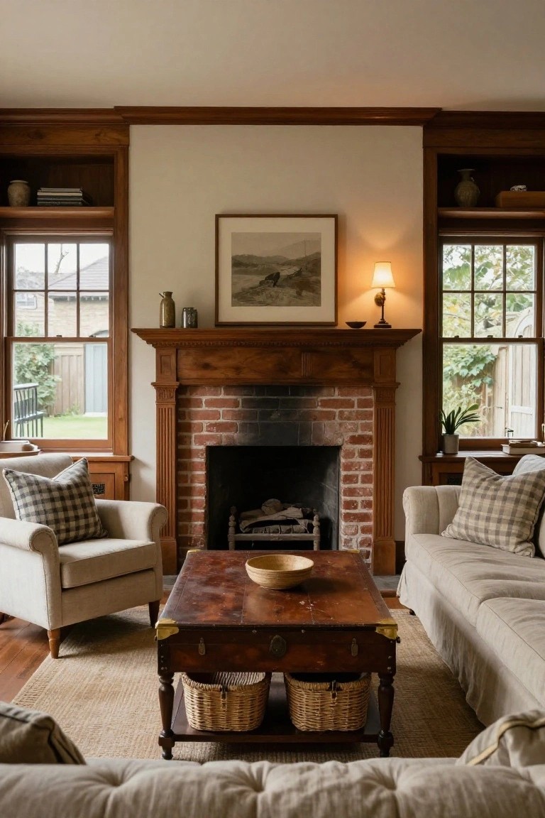 A living room centered on a brick fireplace with wood mantel and trim, cream armchairs and sofa with plaid pillows, wooden trunk coffee table with baskets, built-in shelves, and large windows showing garden views.