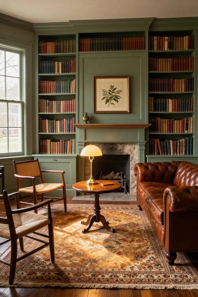 A living room with sage green built-in bookshelves flanking a fireplace, a leather tufted sofa, wooden chairs, a round table with lamp, and a patterned rug on wood floors.