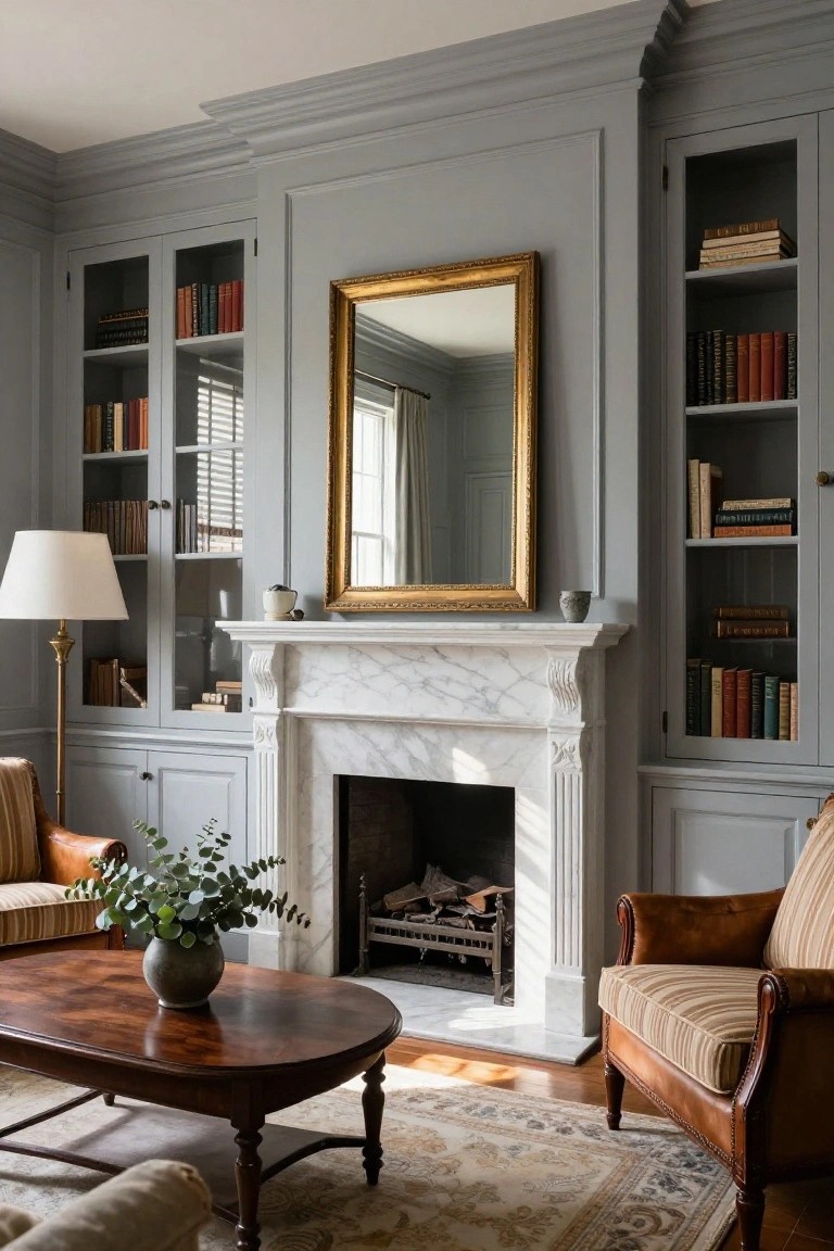 Gray-painted built-in bookcases flank a white marble fireplace with a gold-framed mirror above the mantel in a living room with leather armchairs, a wooden coffee table, and eucalyptus in a vase.