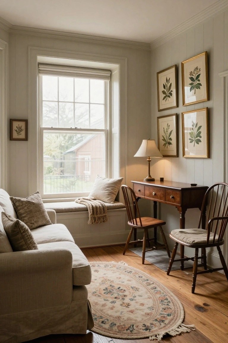 Light gray paneled corner room featuring a cushioned window seat with pillows and blanket, a white sofa, wooden desk with two chairs, botanical artwork on walls, table lamp, oval rug on hardwood floors, and view of outdoors through large window.