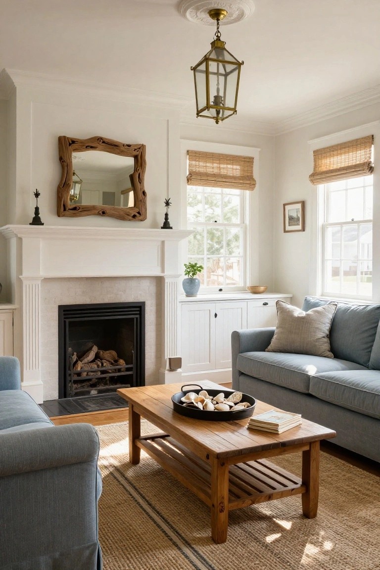 A corner living room with a white-painted fireplace mantel featuring fluted columns, blue slipcovered sofas facing a wooden coffee table, driftwood-framed mirror above the mantel, bamboo shades on multipaned windows, and a seagrass rug.