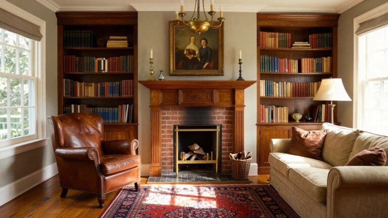 Colonial living room with dark wood paneled walls and built-in bookshelves flanking a brick fireplace, brass chandelier overhead, family portrait above mantel, leather armchair, beige armchair, and red Persian rug on wood floor.