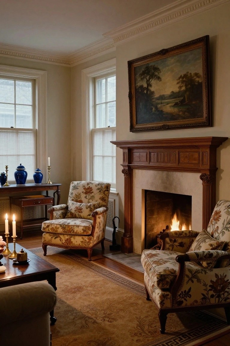 A warmly lit colonial living room with a wood fireplace mantel, two matching floral armchairs nearby, a console table holding blue vases and candles, and a large landscape painting on the wall.