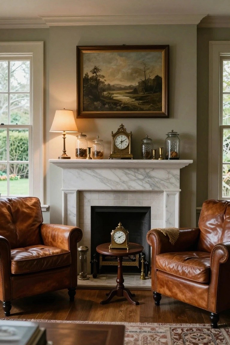 Living room interior with two tan leather armchairs facing a marble fireplace, small round table between them, antique clocks and jars on the mantel, and a landscape painting above.