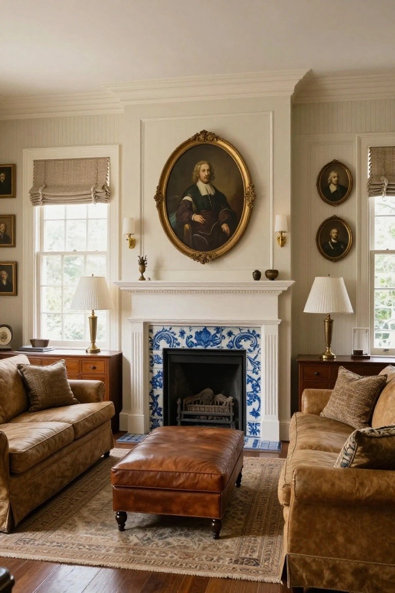 Living room featuring a large oval portrait of a man in 17th-century attire above a white fireplace with blue tiled surround, flanked by smaller portraits, beige walls with white trim, two brown leather sofas facing each other across a leather ottoman, wooden side tables with lamps, and hardwood floors with a patterned rug.