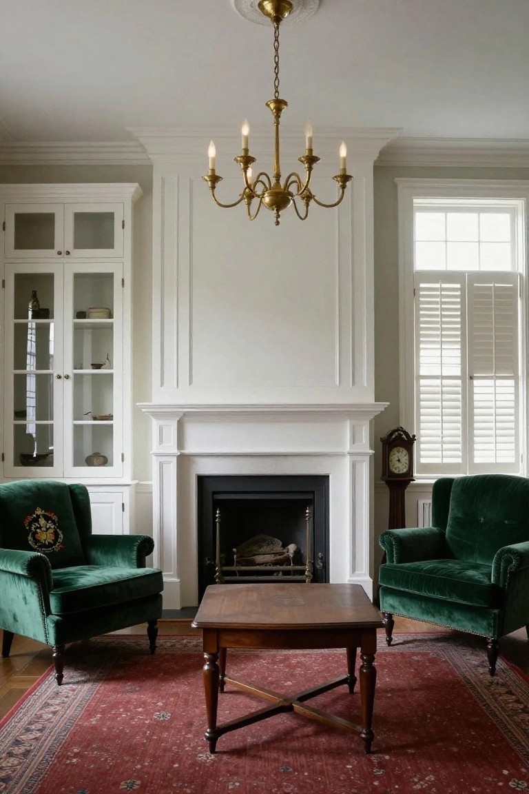 Colonial-style living room with two emerald green velvet armchairs facing each other across a wooden X-frame coffee table in front of a white fireplace mantel, flanked by white glass-door cabinets, a brass five-arm chandelier hanging above, and emerald green shutters on the windows.