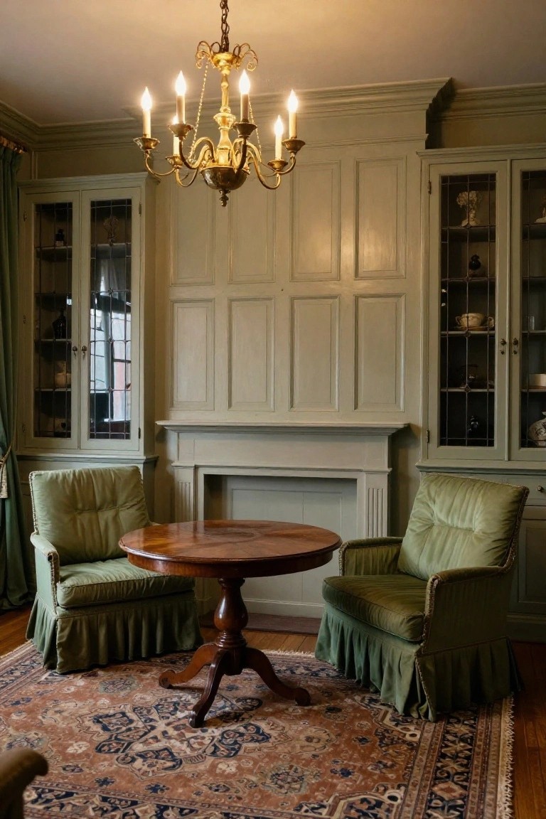 Sage green paneled living room with two matching green velvet armchairs flanking a round wooden table on a red and blue Persian rug, brass chandelier overhead, glass-fronted cabinets, and fireplace.