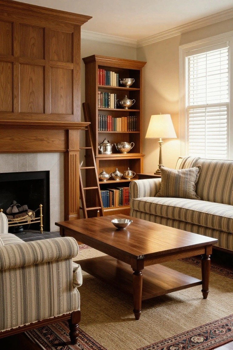 Living room with dark wood paneled walls and fireplace flanked by tall wooden bookshelves filled with books and silver teapots, one shelf with a wooden ladder, striped sofa and chairs, wooden coffee table, lamp, and window with blinds.