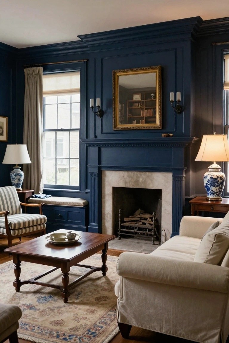 A colonial-style living room with navy blue paneled walls, marble fireplace with burning logs, cream sofa and striped armchairs, wooden coffee table, blue-and-white porcelain lamps, and a gilded mirror above the mantel.
