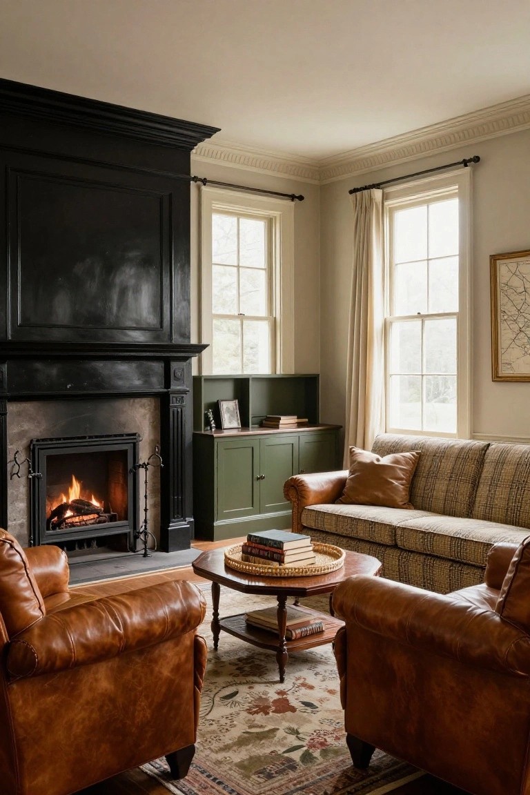 Colonial-style living room with a large black-painted wood fireplace mantel, active fire inside, tan leather armchairs, plaid sofa, low table, and tall windows letting in natural light.