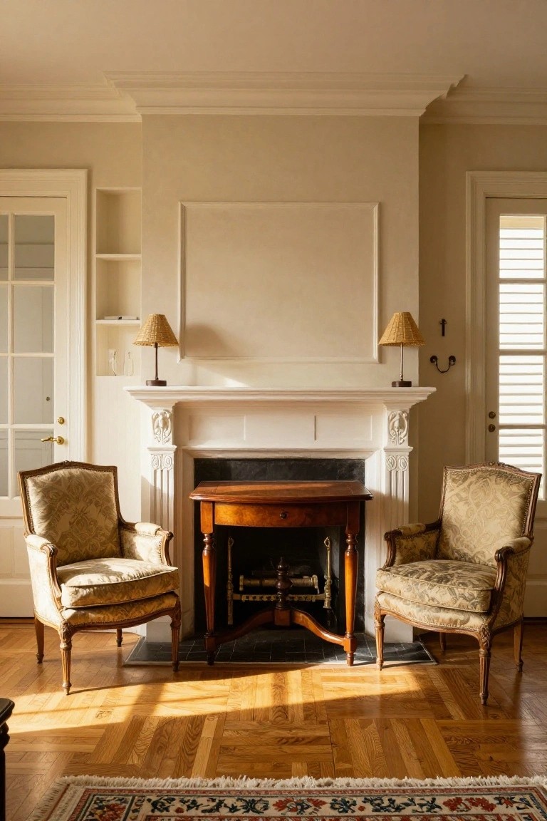A living room with two matching beige upholstered armchairs flanking a wooden console table in front of a white carved fireplace mantel, hardwood parquet floors, and a patterned oriental rug.