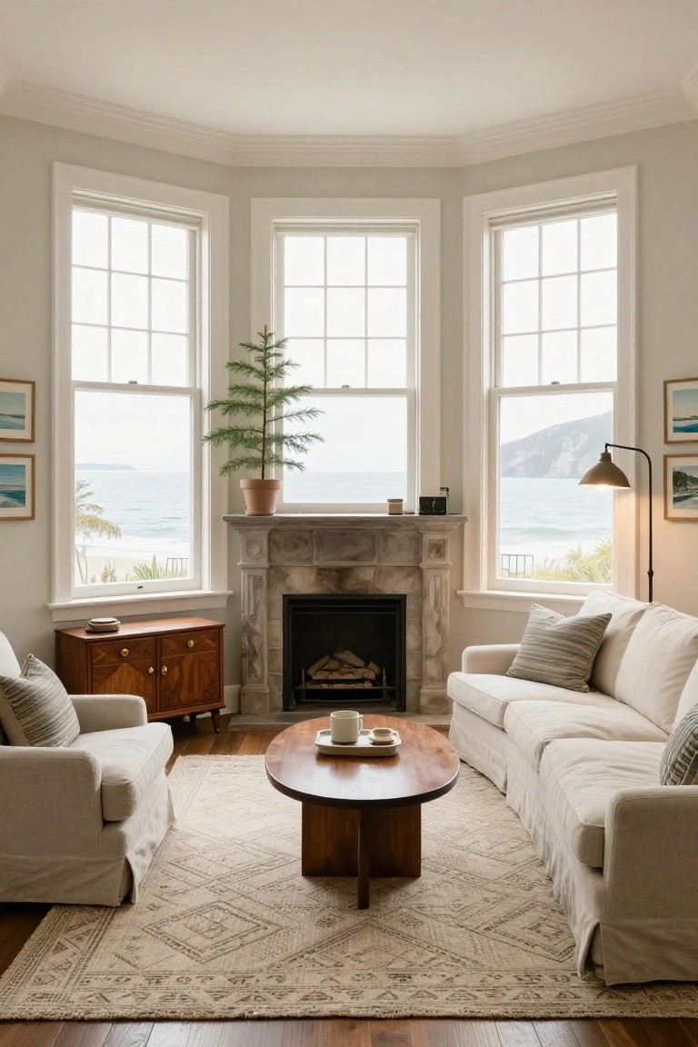 Light gray living room with three bay windows overlooking ocean, stone fireplace with firewood, beige slipcovered sofa and chairs, oval wood coffee table on beige rug, wood credenza, potted tree.