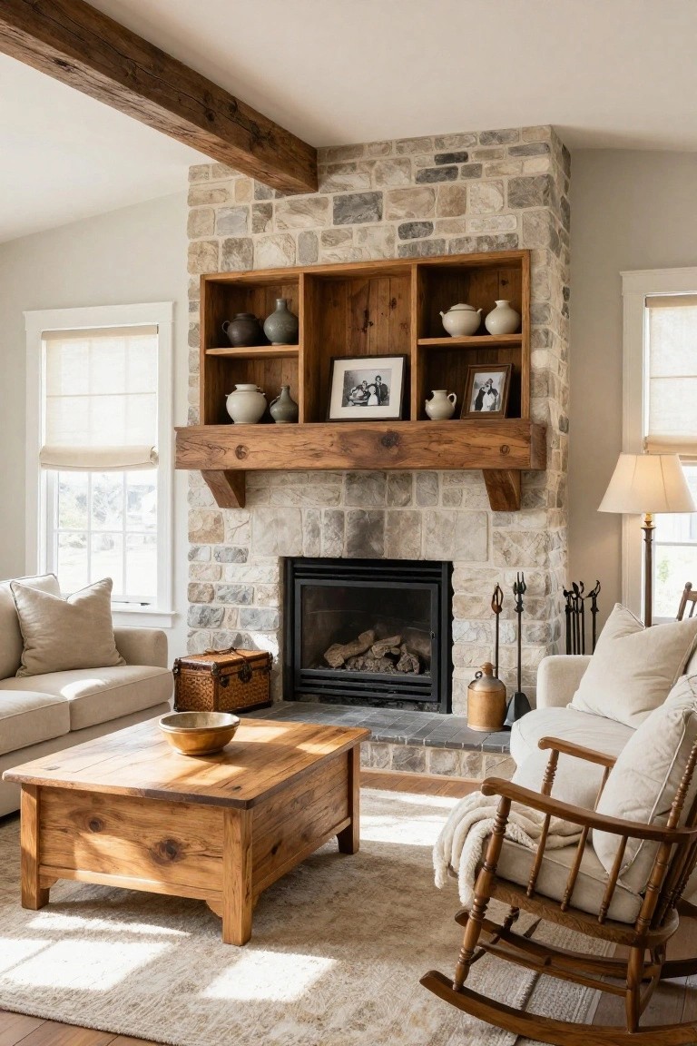 Living room with a tall stone fireplace flanked by wooden built-in shelves holding pottery and photos, cream sofas, wooden coffee table, rocking chair, and light rug in front of large windows.