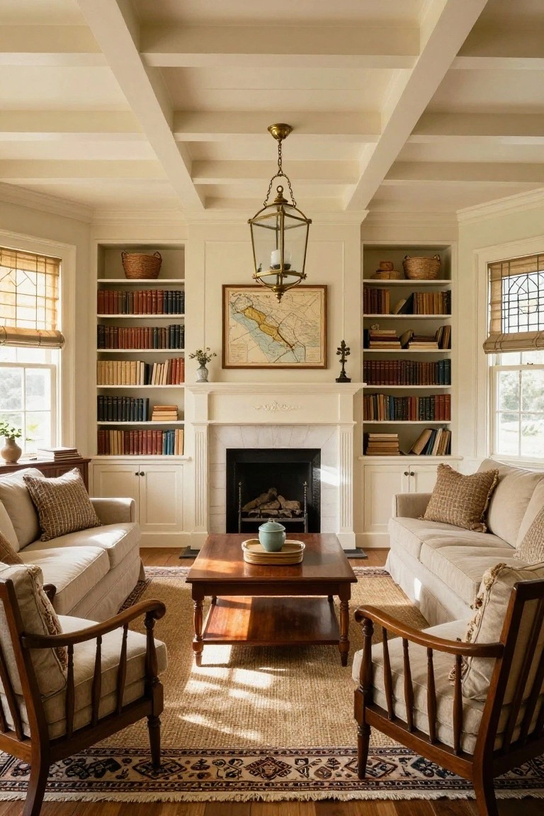 A living room with cream walls, coffered ceiling, brass lantern light fixture, tall bookshelves flanking a marble fireplace filled with books and objects, beige sofas and armchairs, wooden coffee table, seagrass rug, and windows with bamboo shades.
