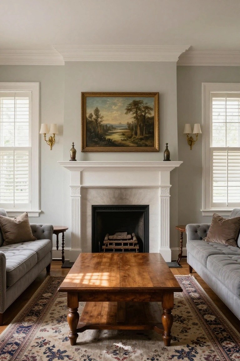 Light gray colonial living room featuring a white marble fireplace with columns, two facing gray tufted sofas, wooden coffee table, oriental rug, landscape oil painting above mantel, and brass wall sconces beside shuttered windows.