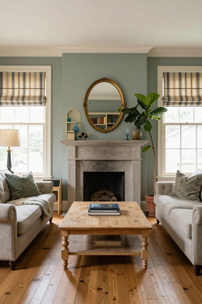 Living room with two light upholstered sofas facing a stone fireplace, wooden coffee table centered between them, sage green walls, gold mirror above mantel, large potted fiddle leaf fig plant, blue-striped window shades, and hardwood floors.