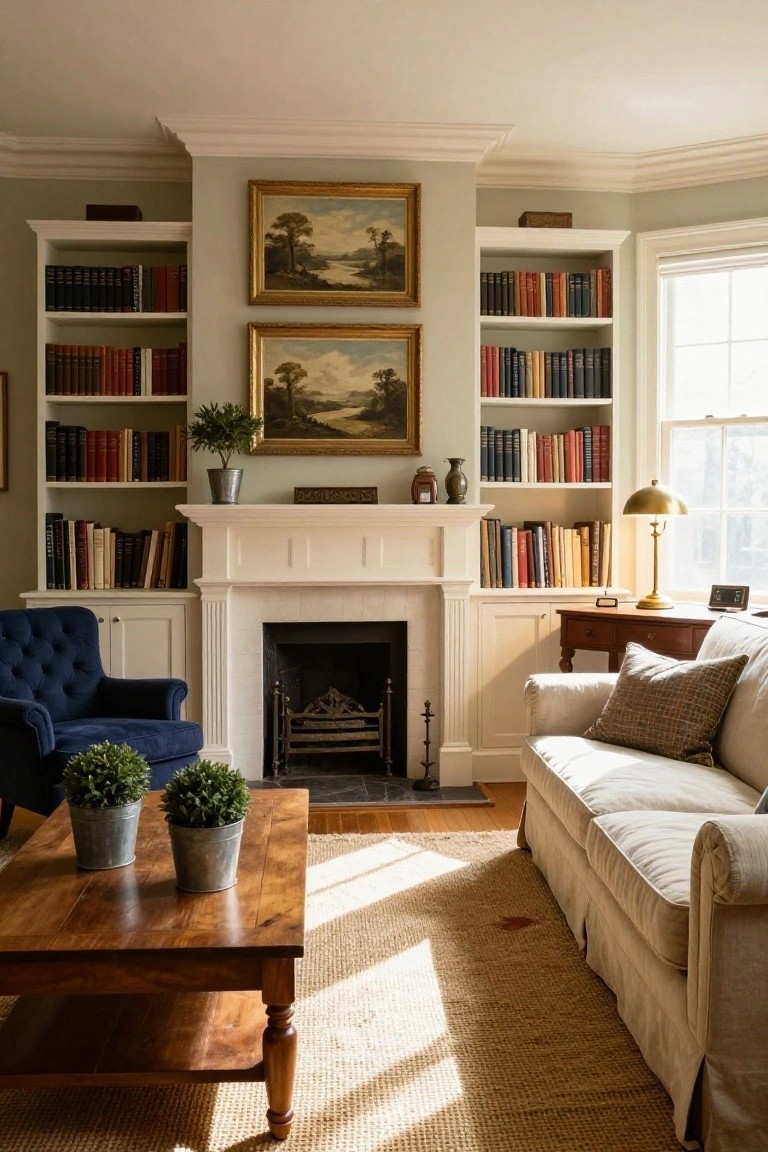 A sunlit colonial-style living room with tall white bookshelves flanking a white fireplace mantel, filled with books, a navy armchair, beige sofa, wooden coffee table with potted plants, and framed landscape paintings on pale green walls.