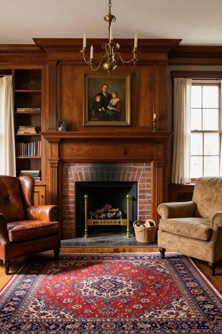 Colonial living room with dark wood paneled walls and built-in bookshelves flanking a brick fireplace, brass chandelier overhead, family portrait above mantel, leather armchair, beige armchair, and red Persian rug on wood floor.