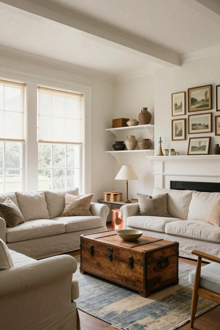Bright colonial living room with white walls, beamed ceiling, two slipcovered linen sofas facing a wooden trunk coffee table, pottery on open shelves, large windows with shades, and a white fireplace.