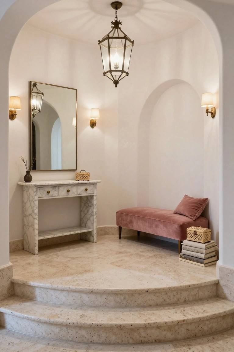 White interior foyer niche with curved arches, brass-framed mirror, marble console table with vase and box, pink velvet bench with pillows and books, wall sconces, hanging lantern, and curved travertine steps.