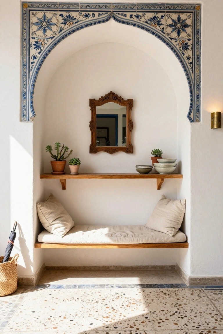 White arched alcove in a Mediterranean foyer with wooden shelf holding potted succulents and stacked bowls, ornate framed mirror, beige cushioned bench below, umbrella and basket on tiled floor.