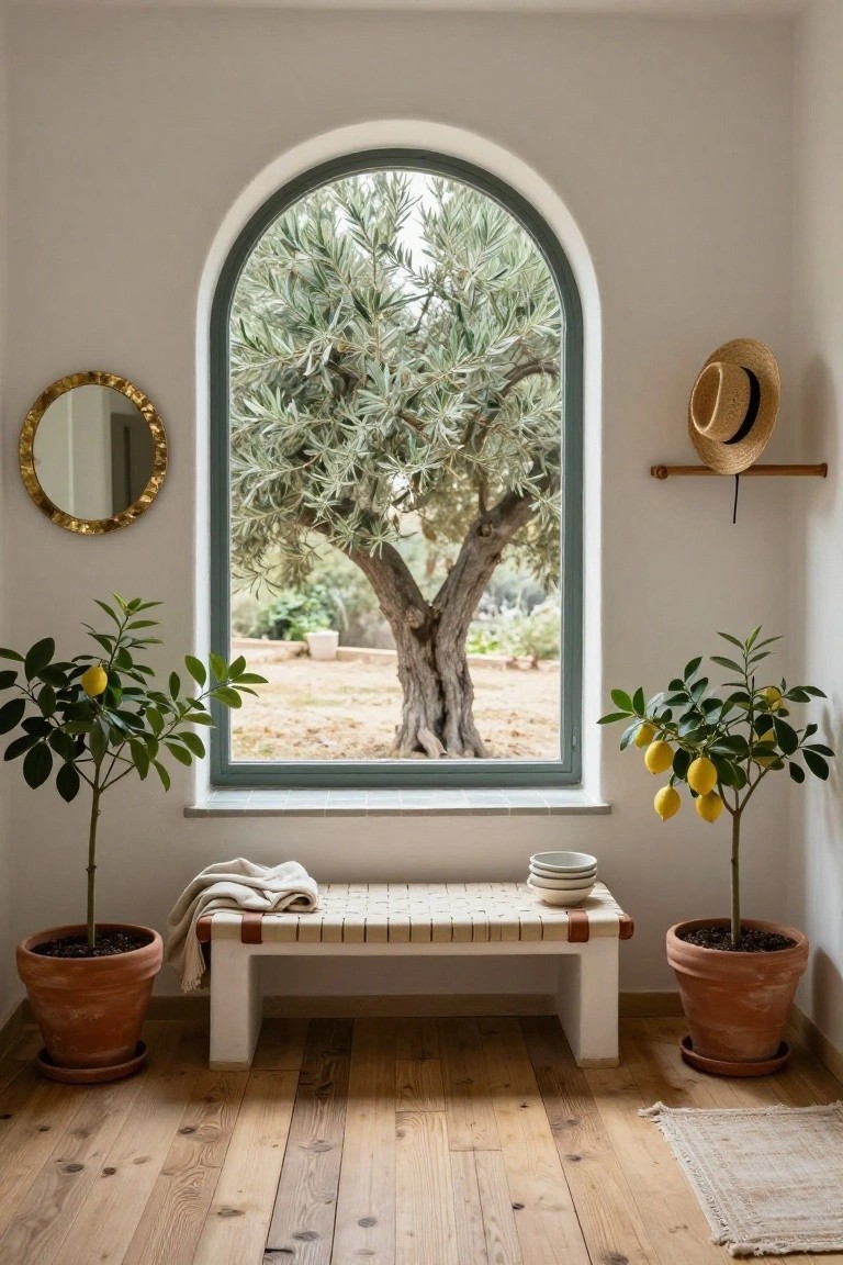 White interior foyer featuring a large arched window with green frame overlooking an olive tree, potted lemon trees flanking a wooden bench with beige cushions and stacked white bowls, gold round mirror on wall, straw hat on shelf, and terracotta pots on wood floor.
