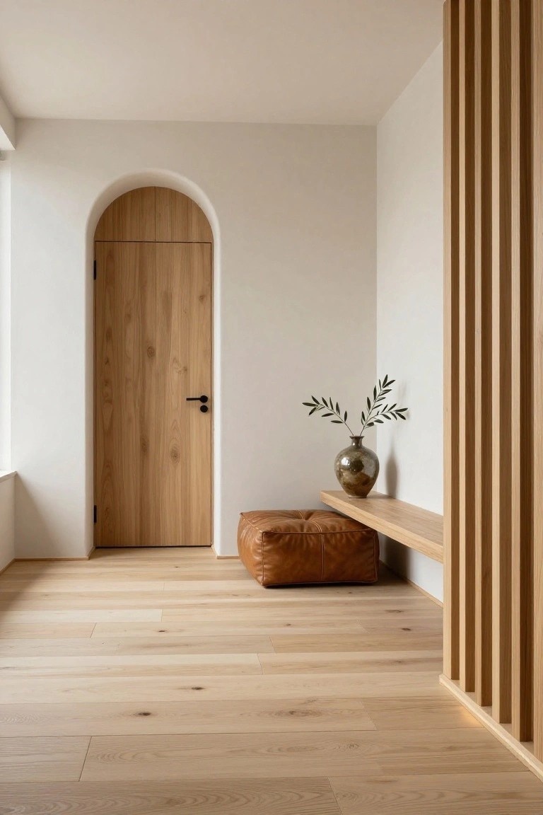 Bright foyer interior with arched oak wood door on white wall, wood slat screen with floating shelf holding ceramic vase of olive branches, brown leather pouf, and light oak wood floors.