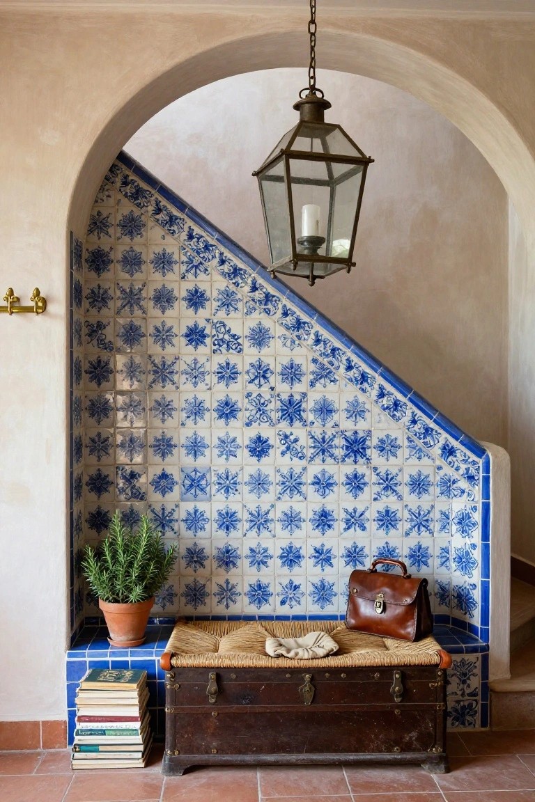 Foyer with arched opening and staircase clad in blue and white snowflake-patterned tiles, hanging lantern overhead, potted rosemary plant, brown leather bag on woven bench, wooden chest, and stack of books on terracotta floor.