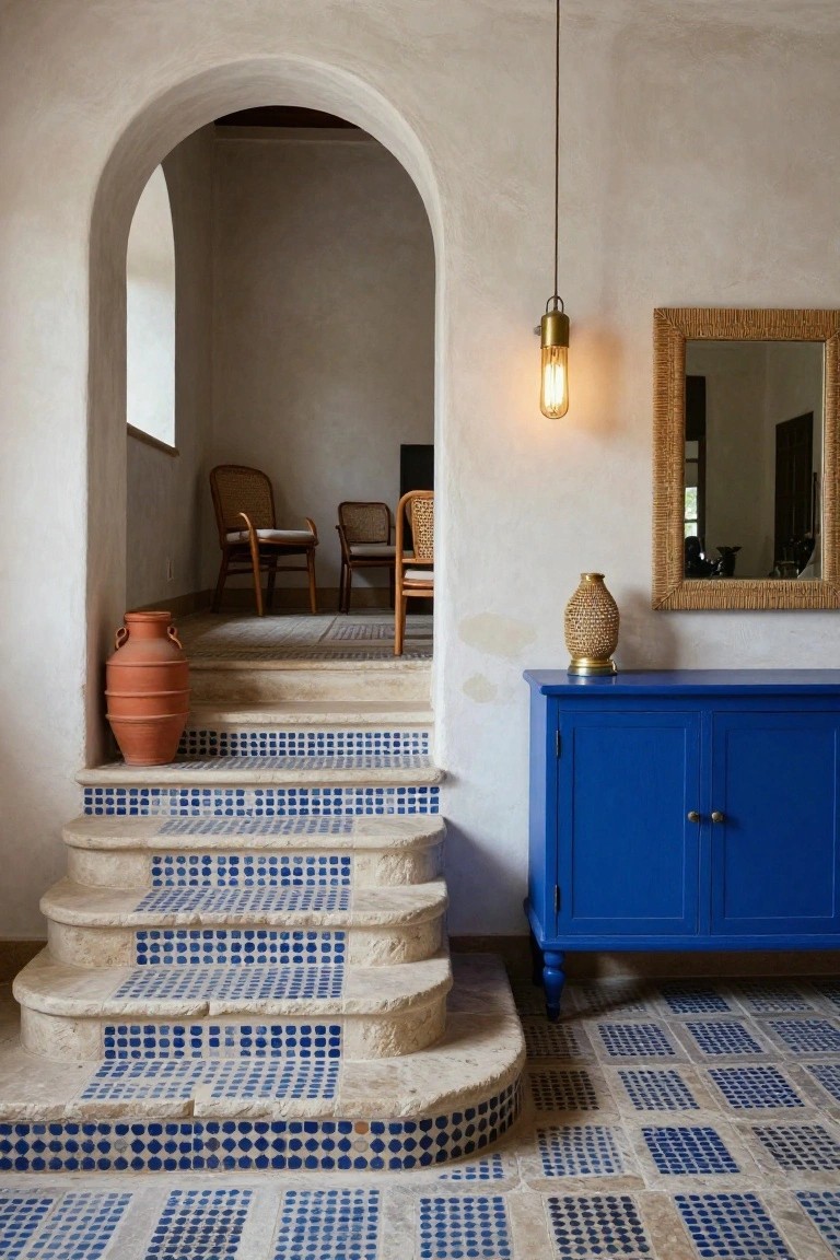 Mediterranean-style interior foyer with arched doorway, blue mosaic tiled stone stairs and floor, large terracotta vase beside stairs, blue wooden cabinet with rattan-wrapped vase on top, and wicker chairs visible in adjacent room.