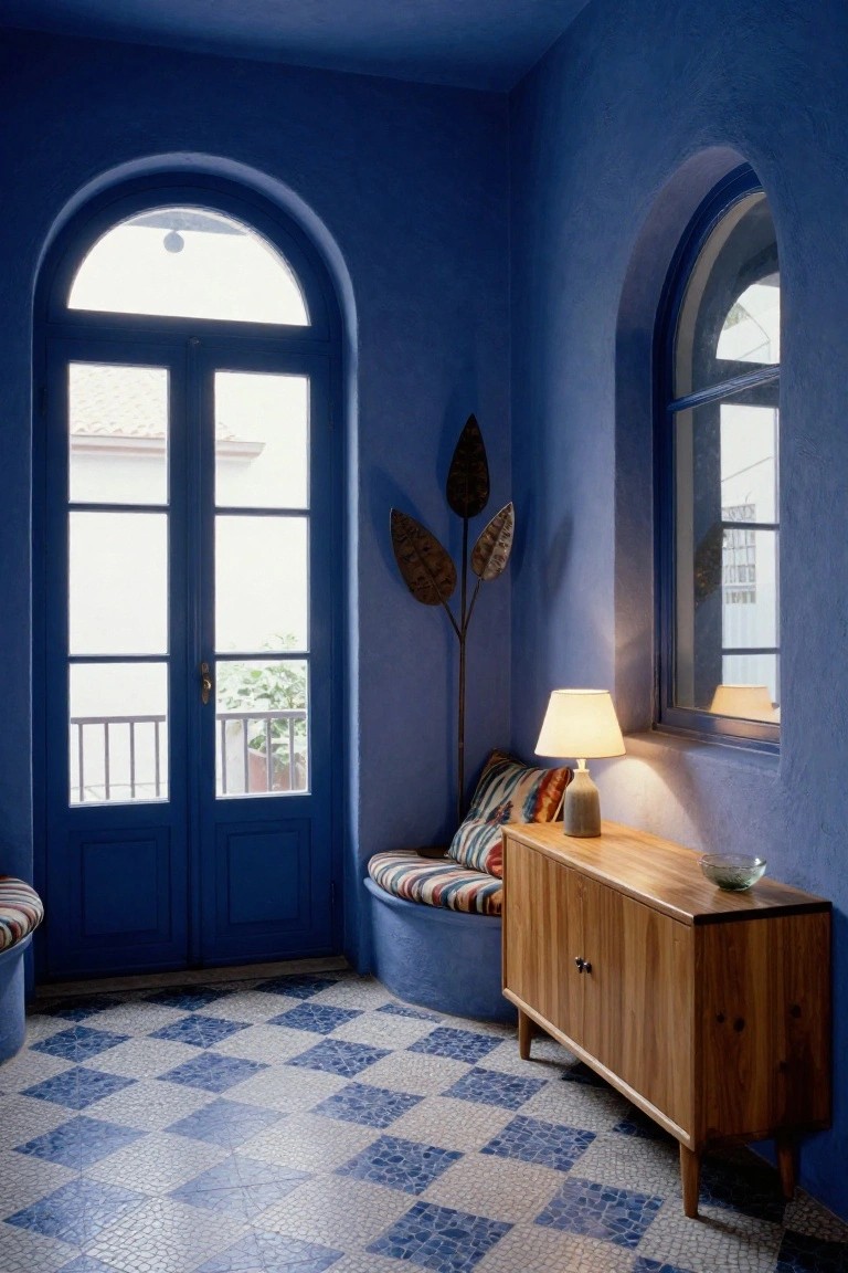 Blue-walled interior corner with arched windows and double doors opening to a balcony with plants, checkered blue and white tile floor, wooden credenza topped with lamp and bowl, cushioned bench, and metal leaf plant stand.